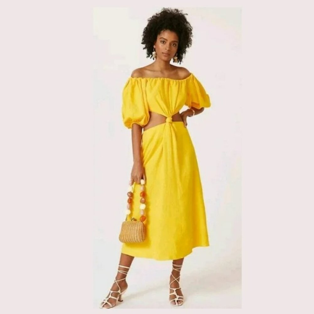 Farm Rio Yellow Off The Shoulder Knotted Cut Out Maxi Dress Sz M - Picture 3 of 14